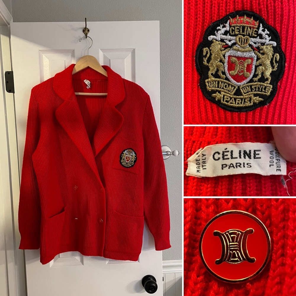 CELINE Vintage Bright Red Logo Knit Double Breasted Jacket 42